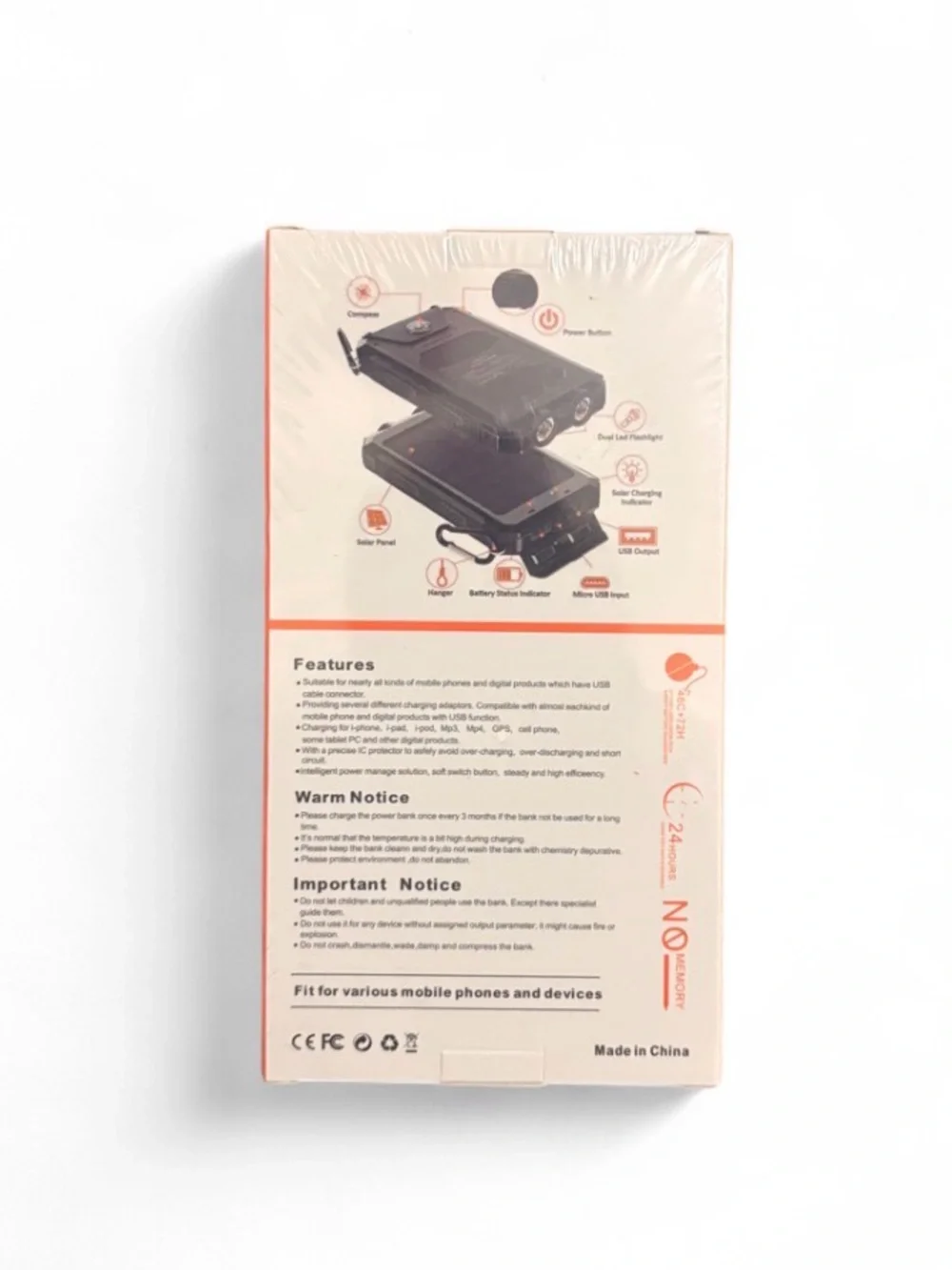 Solar Power Bank Compass - Portable Solar Charger (Black & Orange)